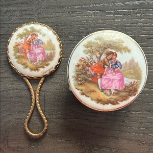 Vintage Limoges porcelain pocket mirror and trinket box